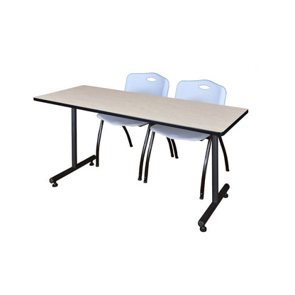 60 x 30 in. T-Base Training Seminar Table- Maple, 2 M Stack Chairs- Grey