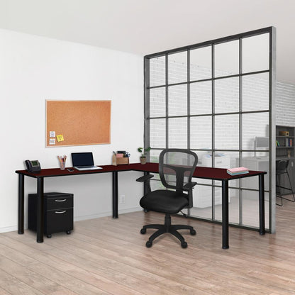Kee 72" Single Pedestal L-Desk with 42" Return, Mahogany/Black