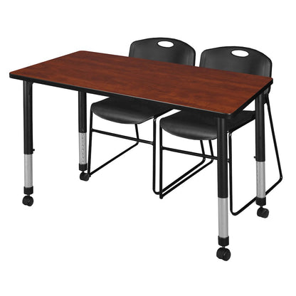 48x30 in. Mobile Adjustable Classroom Table- Cherry & 2 Zeng Stack Chairs- Black