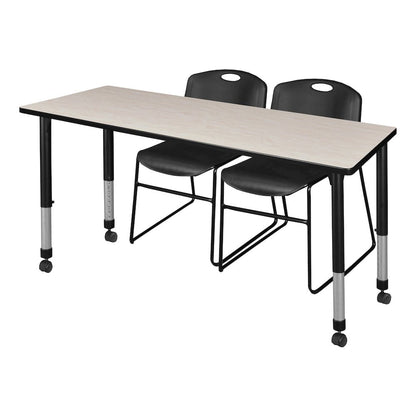 66x30 in. Mobile Adjustable Classroom Table- Maple & 2 Zeng Stack Chairs- Black