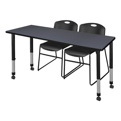 72 x 30 in. Mobile Adjustable Classroom Table- Grey & 2 Zeng Stack Chairs- Black