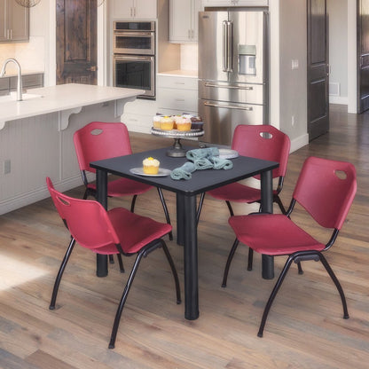 30 in Square Breakroom Table- Grey Top, Black Legs, 4 M Stack Chairs- Burgundy