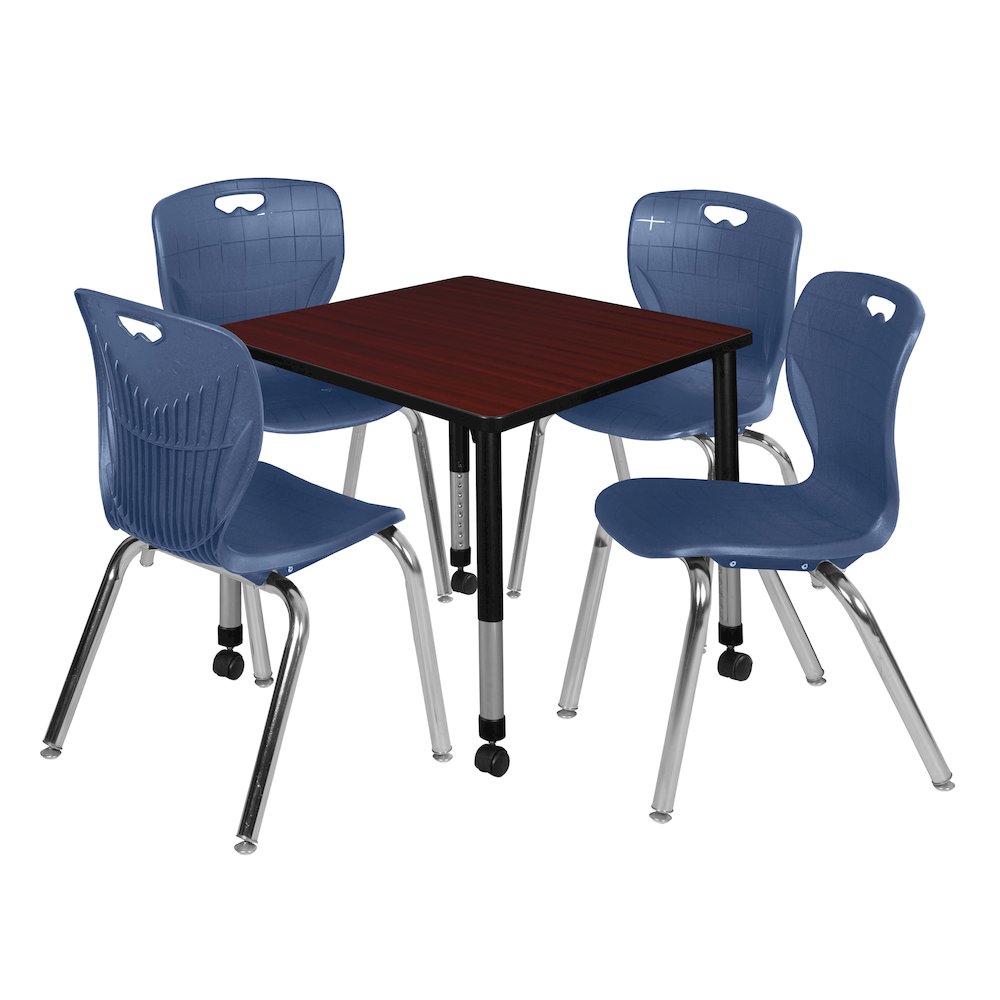 30 Square Mobile Classroom Table- Mahogany & 4 Andy 18 Stack Chairs- Blue