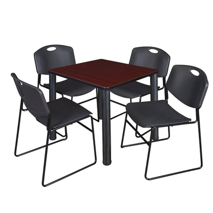 30 Square Breakroom Table- Mahogany Top, Black Legs, 4 Zeng Stack Chairs- Black