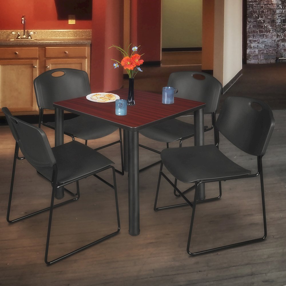 30 Square Breakroom Table- Mahogany Top, Black Legs, 4 Zeng Stack Chairs- Black
