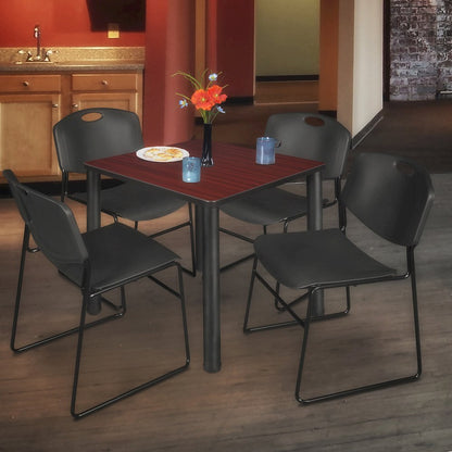 30 Square Breakroom Table- Mahogany Top, Black Legs, 4 Zeng Stack Chairs- Black
