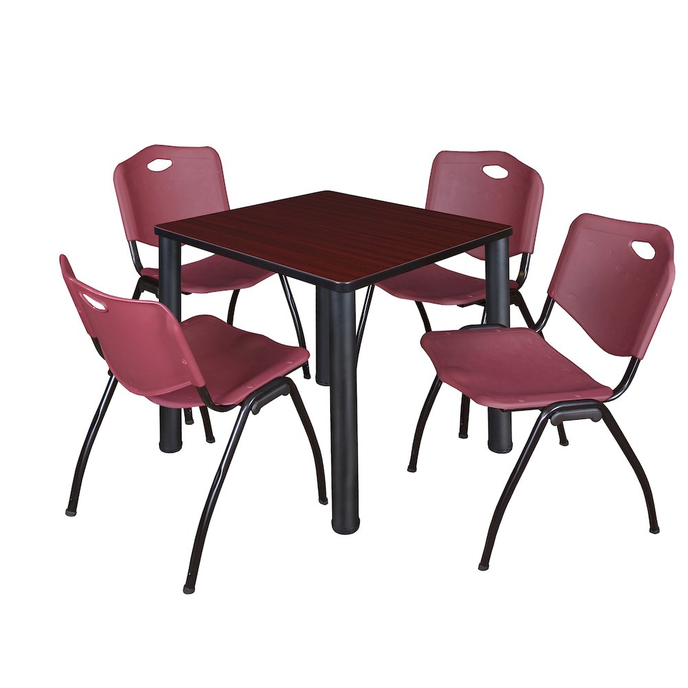 30 Square Breakroom Table- Mahogany Top, Black Legs, 4 M Stack Chairs- Burgundy