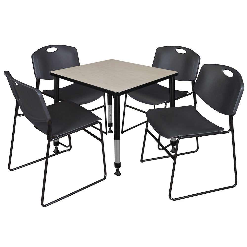 30 in. Square Adjustable Classroom Table- Maple & 4 Zeng Stack Chairs- Black