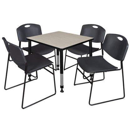 30 in. Square Adjustable Classroom Table- Maple & 4 Zeng Stack Chairs- Black