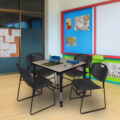 30 in. Square Adjustable Classroom Table- Maple & 4 Zeng Stack Chairs- Black