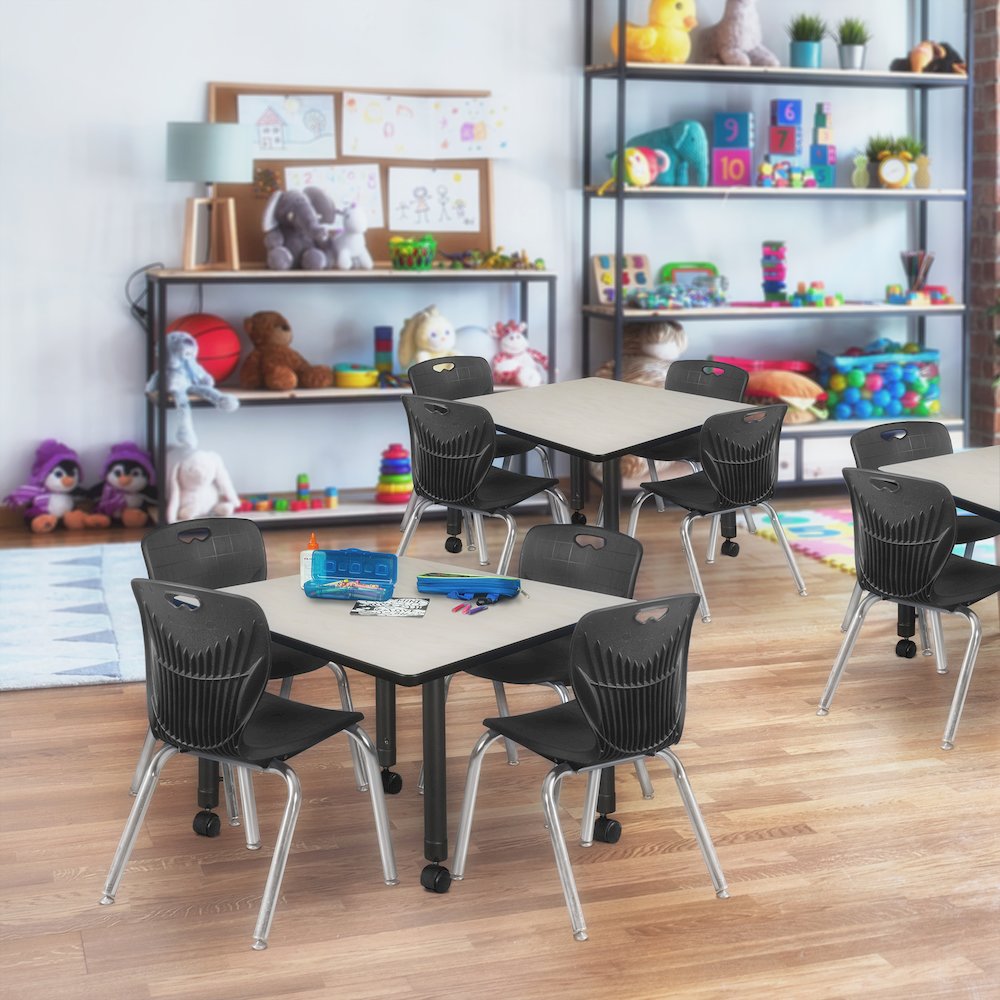 30 Square Mobile Classroom Table- Maple & 4 4 Andy 12 Stack Chairs- Black