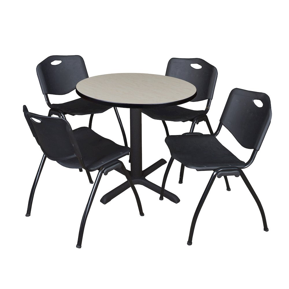 Small 30 in. Round X-Base Breakroom Table- Maple & 4 M Stack Chairs- Black