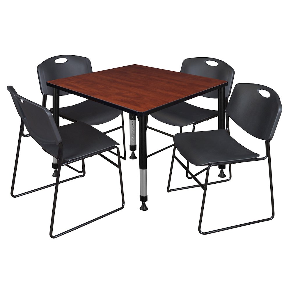 36 in. Square Adjustable Classroom Table- Cherry & 4 Zeng Stack Chairs- Black