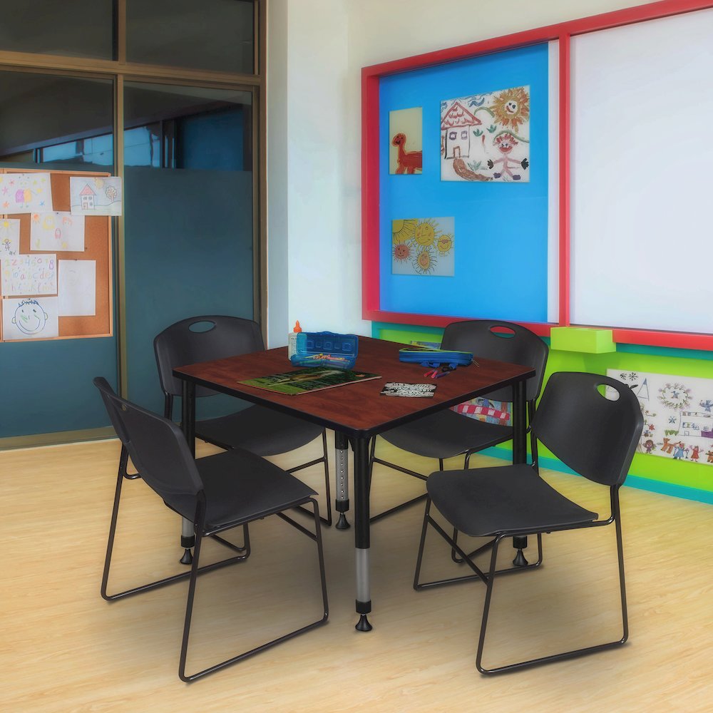 36 in. Square Adjustable Classroom Table- Cherry & 4 Zeng Stack Chairs- Black