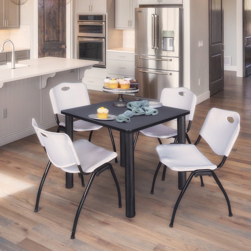 36 in Square Breakroom Table- Grey Top, Black Legs, 4 M Stack Chairs- Grey