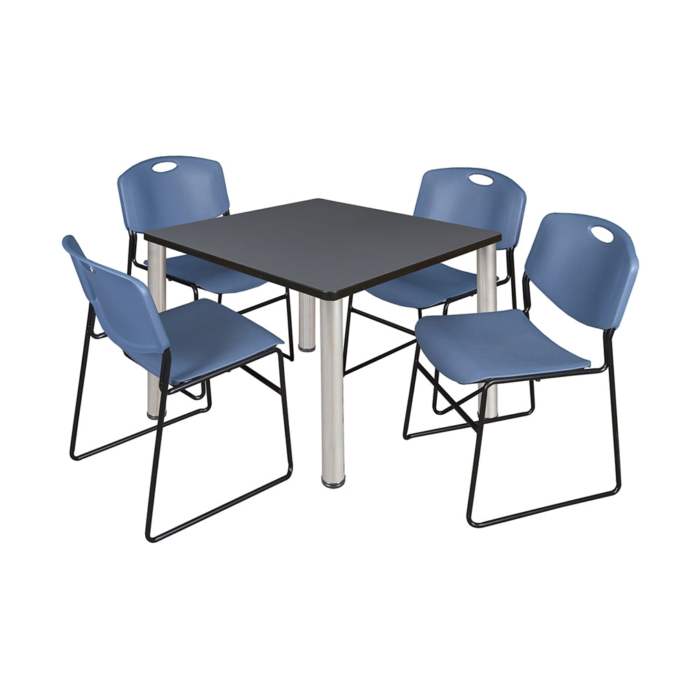 Kee 36" Square Breakroom Table- Grey/ Chrome & 4 Zeng Stack Chairs- Blue