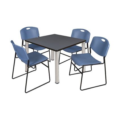Kee 36" Square Breakroom Table- Grey/ Chrome & 4 Zeng Stack Chairs- Blue