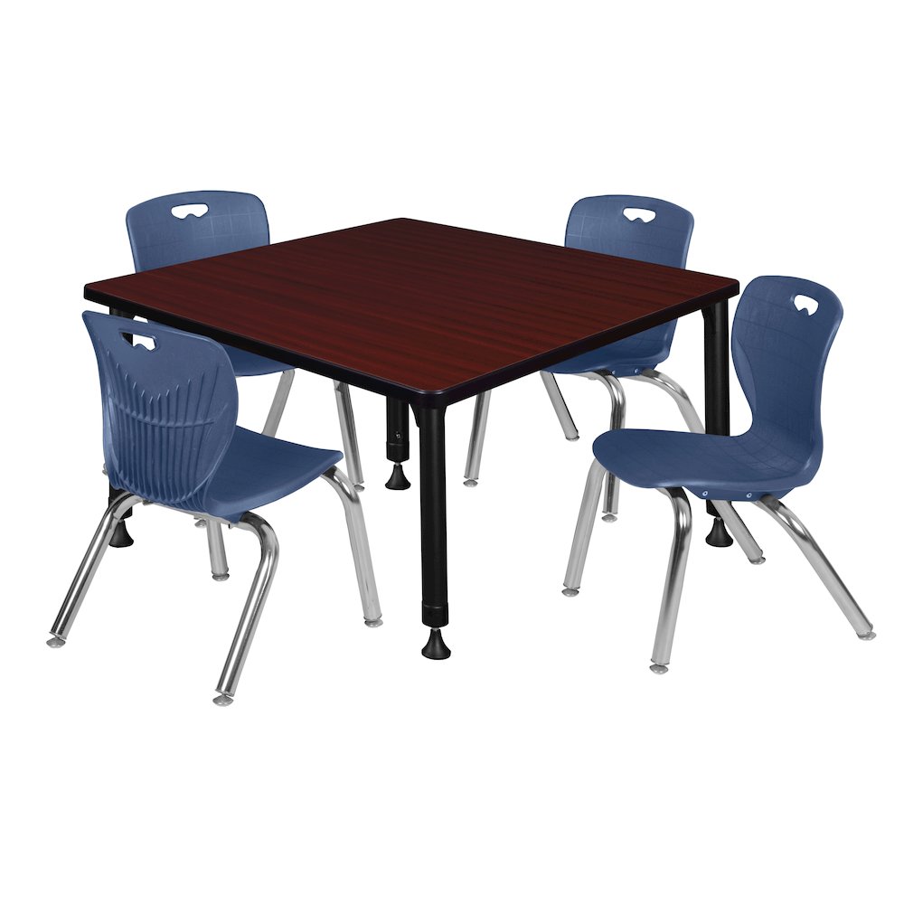 36 Square Adjustable Classroom Table- Mahogany & 4 Andy 12 Stack Chairs- Blue