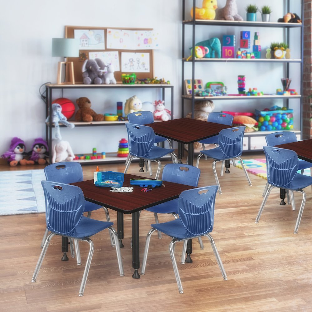 36 Square Adjustable Classroom Table- Mahogany & 4 Andy 12 Stack Chairs- Blue