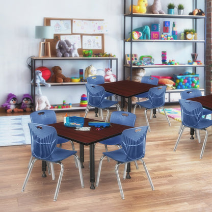 36 Square Adjustable Classroom Table- Mahogany & 4 Andy 12 Stack Chairs- Blue