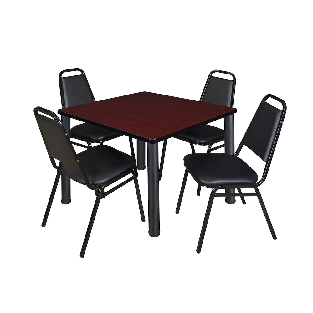36 Square Breakroom Table- Mahogany Top, Black Legs, 4 Restaurant Stack Chairs