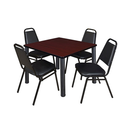 36 Square Breakroom Table- Mahogany Top, Black Legs, 4 Restaurant Stack Chairs
