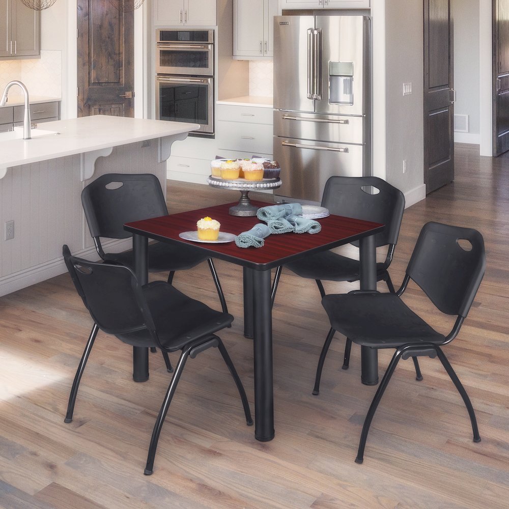 36 in Square Breakroom Table- Mahogany Top, Black Legs, 4 M Stack Chairs- Black