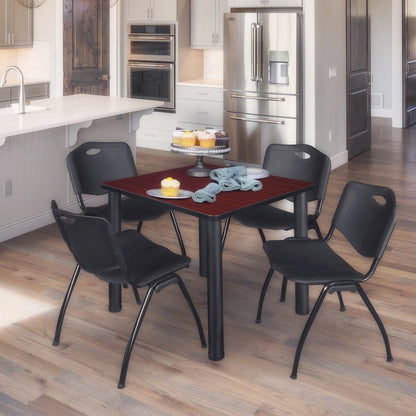 36 in Square Breakroom Table- Mahogany Top, Black Legs, 4 M Stack Chairs- Black