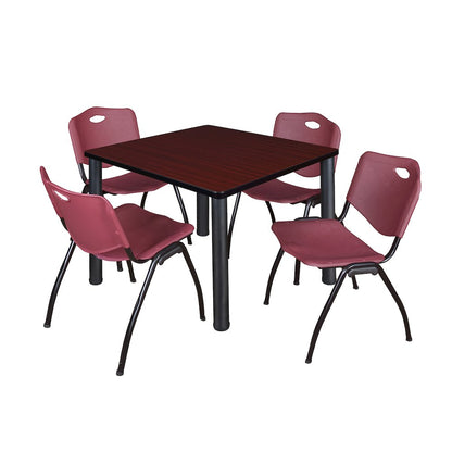 36 Square Breakroom Table- Mahogany Top, Black Legs, 4 M Stack Chairs- Burgundy