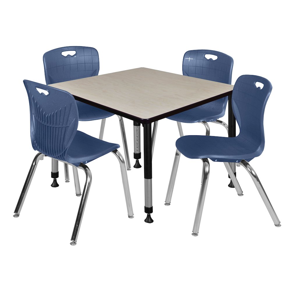 36 Square Adjustable Classroom Table- Maple & 4 Andy 18 Stack Chairs- Blue