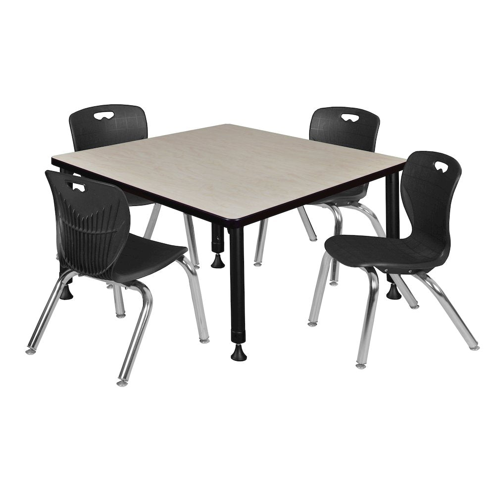 36 Square Adjustable Classroom Table- Maple & 4 Andy 12 Stack Chairs- Black