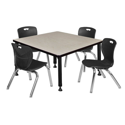 36 Square Adjustable Classroom Table- Maple & 4 Andy 12 Stack Chairs- Black