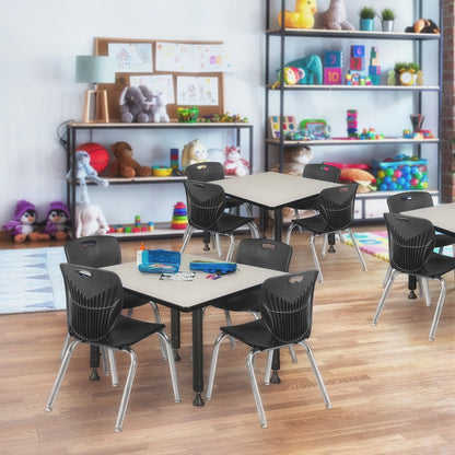 36 Square Adjustable Classroom Table- Maple & 4 Andy 12 Stack Chairs- Black