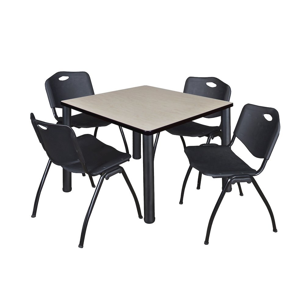 36 in Square Breakroom Table- Maple Top, Black Legs, 4 M Stack Chairs- Black