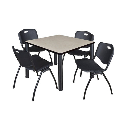 36 in Square Breakroom Table- Maple Top, Black Legs, 4 M Stack Chairs- Black
