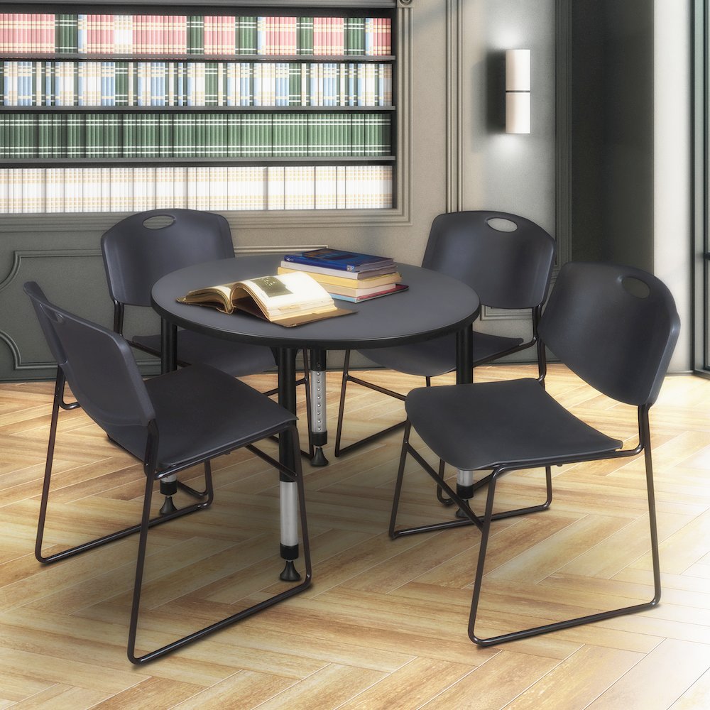 36 in. Round Adjustable Classroom Table- Grey & 4 Zeng Stack Chairs- Black