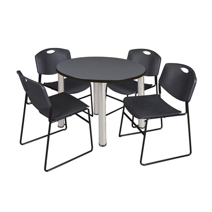 Kee 36" Round Breakroom Table- Grey/ Chrome & 4 Zeng Stack Chairs- Black