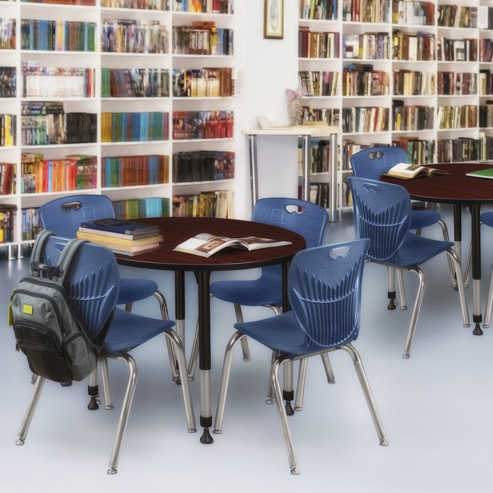 36 Round Adjustable Classroom Table- Mahogany & 4 Andy 18 Stack Chairs- Blue