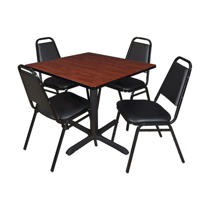 42 in. Square X-Base Breakroom Table- Cherry & 4 Restaurant Stack Chairs- Black