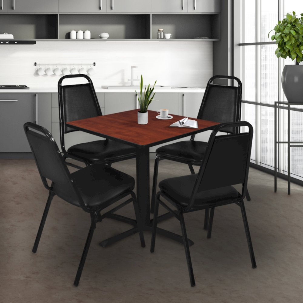 42 in. Square X-Base Breakroom Table- Cherry & 4 Restaurant Stack Chairs- Black
