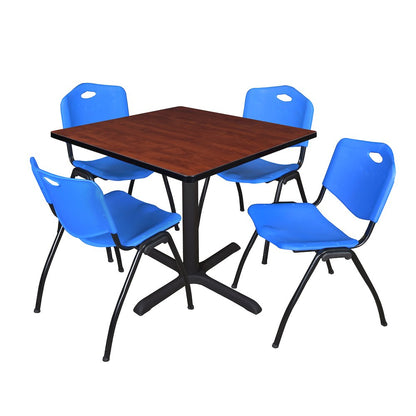 42 in. Square X-Base Breakroom Table- Cherry & 4 M Stack Chairs- Blue