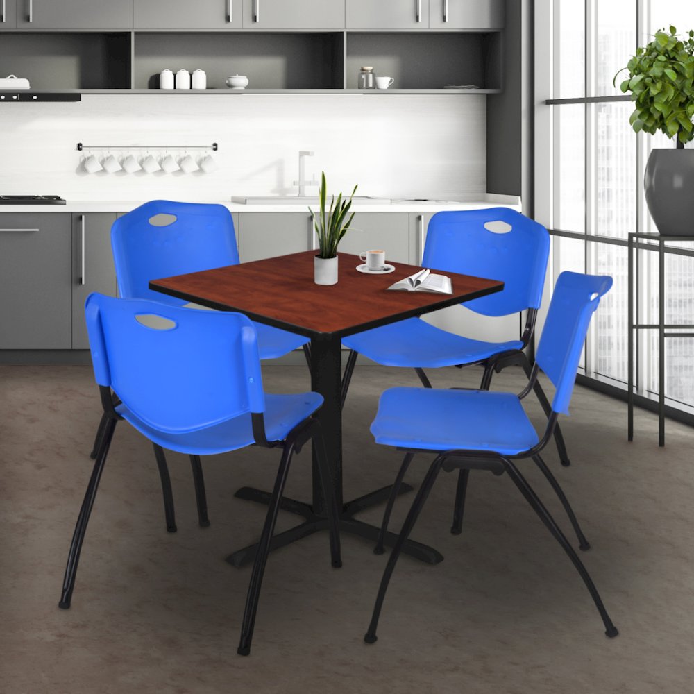 42 in. Square X-Base Breakroom Table- Cherry & 4 M Stack Chairs- Blue