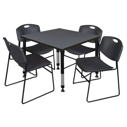 42 in. Square Adjustable Classroom Table- Grey & 4 Zeng Stack Chairs- Black