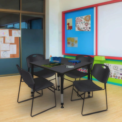 42 in. Square Adjustable Classroom Table- Grey & 4 Zeng Stack Chairs- Black