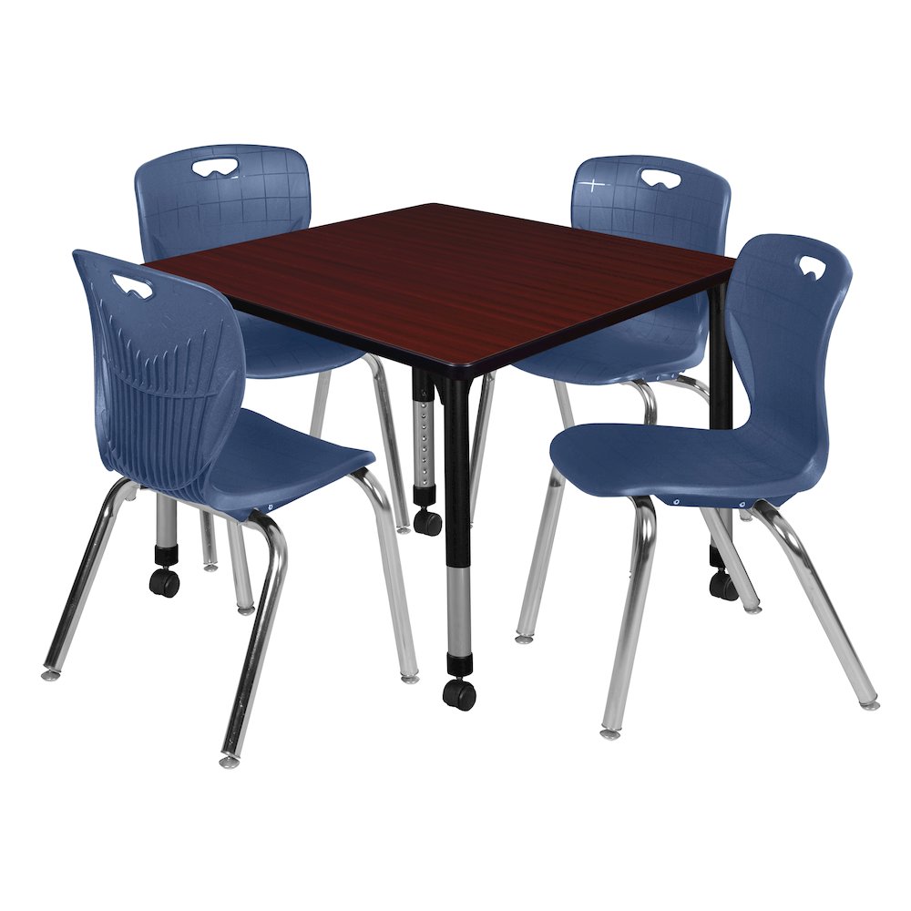 42 Square Mobile Classroom Table- Mahogany & 4 Andy 18 Stack Chairs- Blue