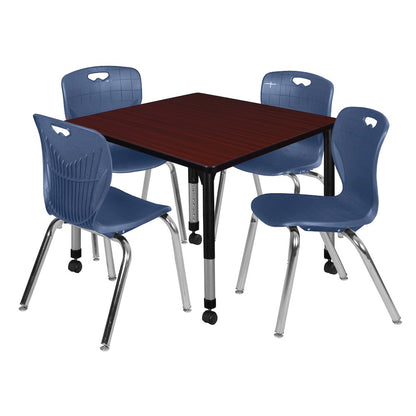 42 Square Mobile Classroom Table- Mahogany & 4 Andy 18 Stack Chairs- Blue