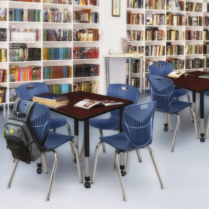 42 Square Mobile Classroom Table- Mahogany & 4 Andy 18 Stack Chairs- Blue