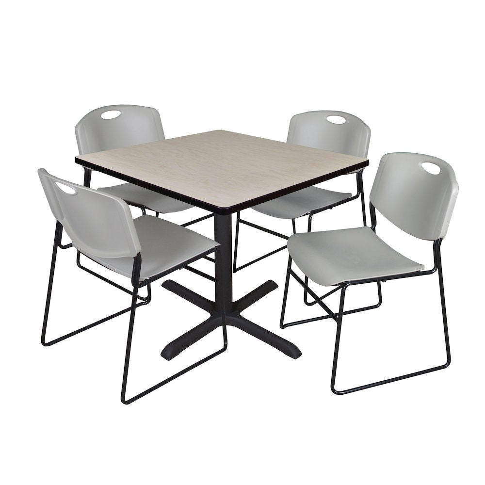 42 in. Square X-Base Breakroom Table- Maple & 4 Zeng Stack Chairs- Grey