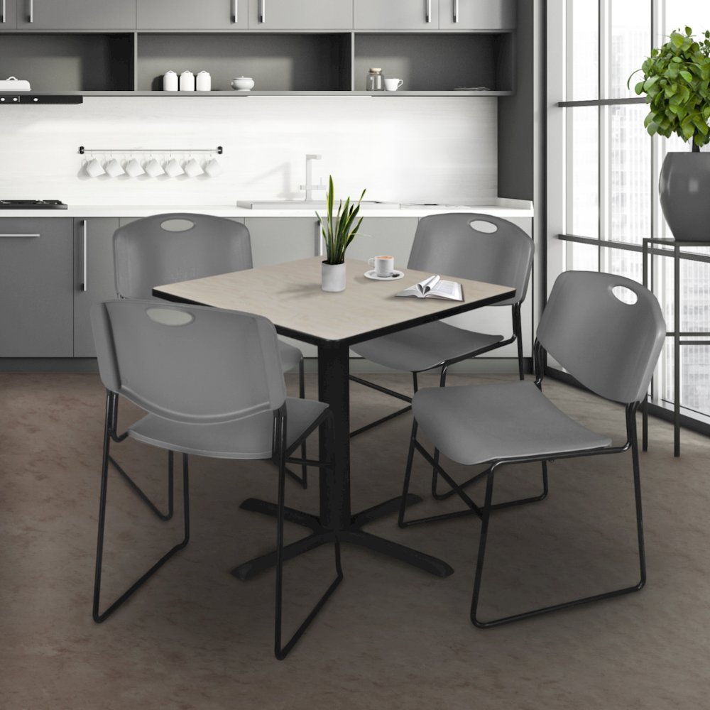 42 in. Square X-Base Breakroom Table- Maple & 4 Zeng Stack Chairs- Grey