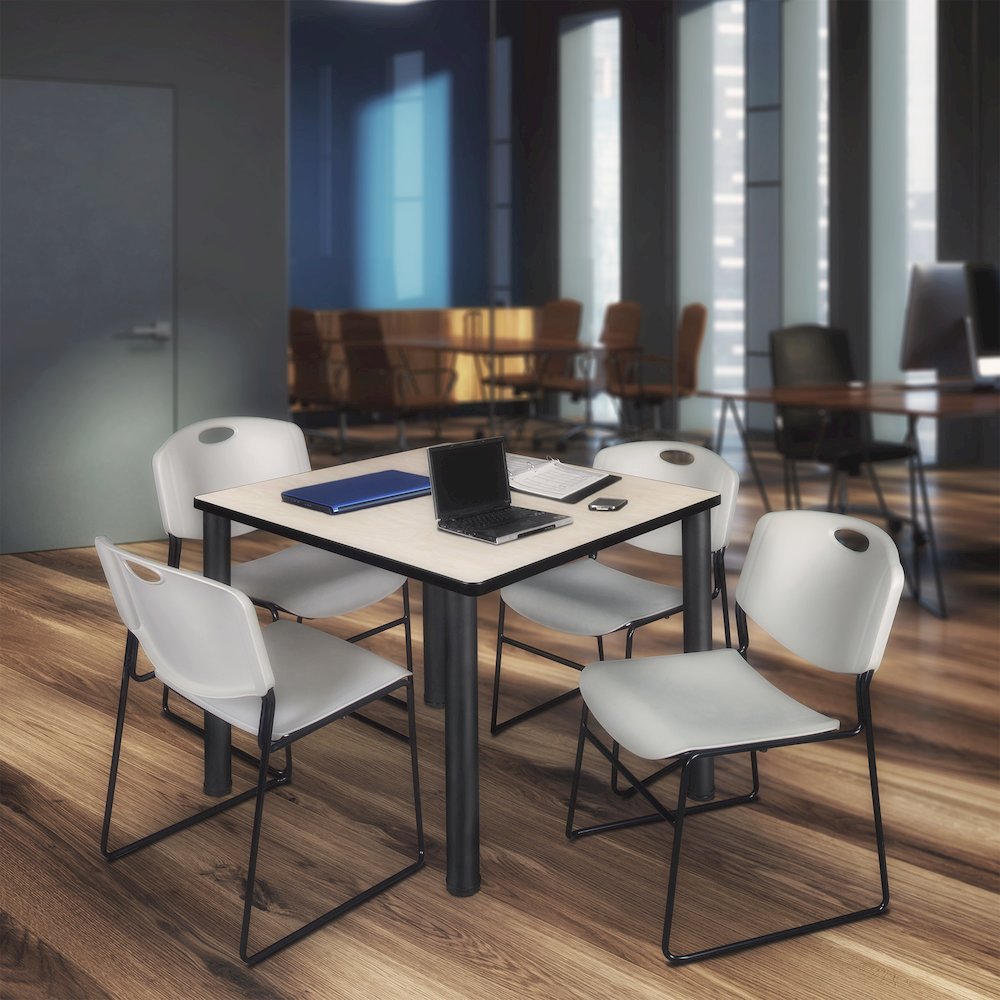 42 in Square Breakroom Table- Maple Top, Black Legs, 4 Zeng Stack Chairs- Grey
